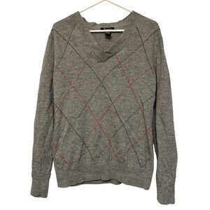 Fink Wool Gray V-Neck Diamond Sweater Lightweight Size Large EUC #7907
